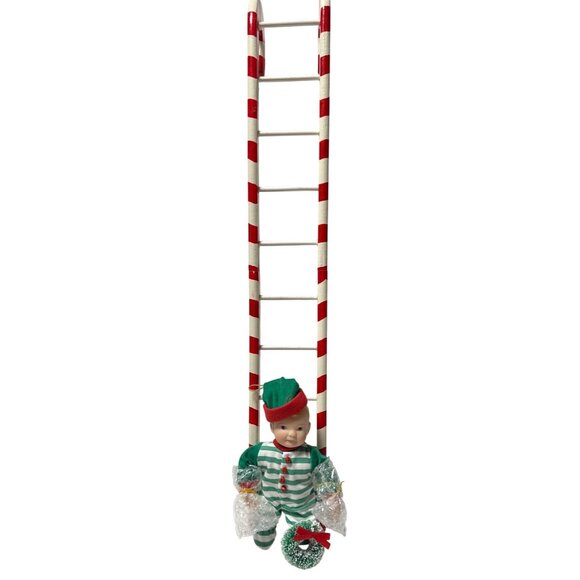 Vintage Elf Doll With Candy Cane Striped Ladder Christmas Decor - Picture 1 of 13